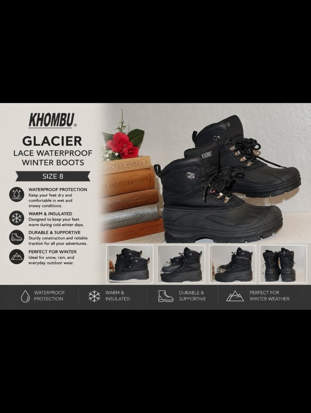 KHOMBU Glacier Lace Waterproof Wibter Snow Rain Boots 8